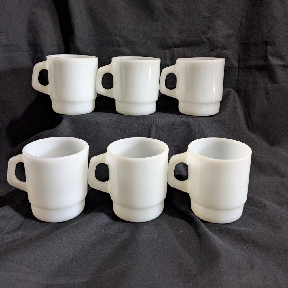6 VTG Anchor Hocking White Milk Glass D Handle Stackable Coffee Mugs Cups